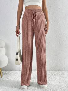 SHEIN Tall Pantalones de pierna ancha de cintura con cordón tejido de canalé - Rosa vieja - Ver 5