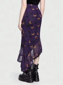 ROMWE Hippie Falda luna & con estampado de gato de malla en contraste bajo con fruncido - Morado - Ver 3