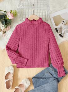 SHEIN Tween Girl Knitted Solid Color Mock Neck Fitted T-Shirt With Lantern Sleeve - Hot Pink - View 1