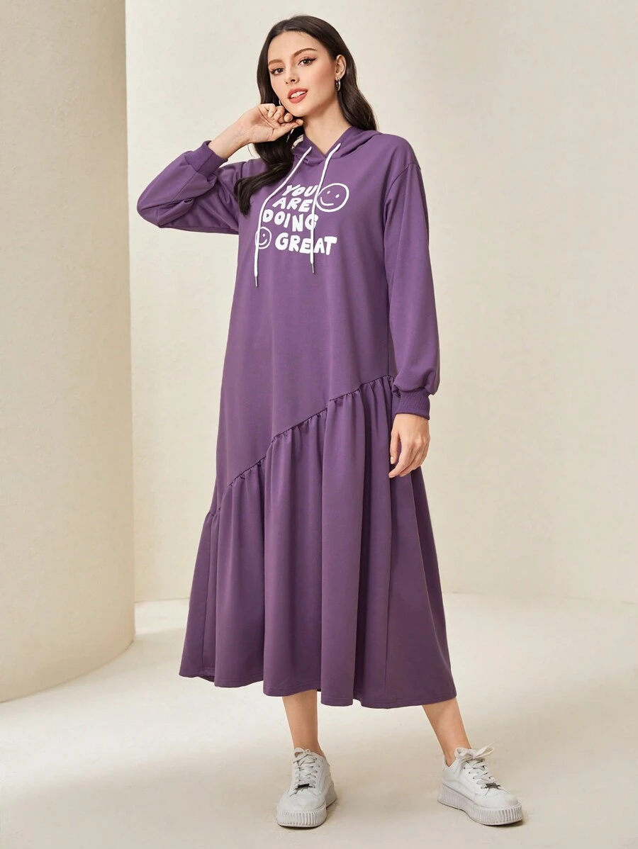 Mulvari Đồ họa Khẩu hiệu Xù Hoa Sen Dây rút Đầm có mũ - Màu tím - Xem 1