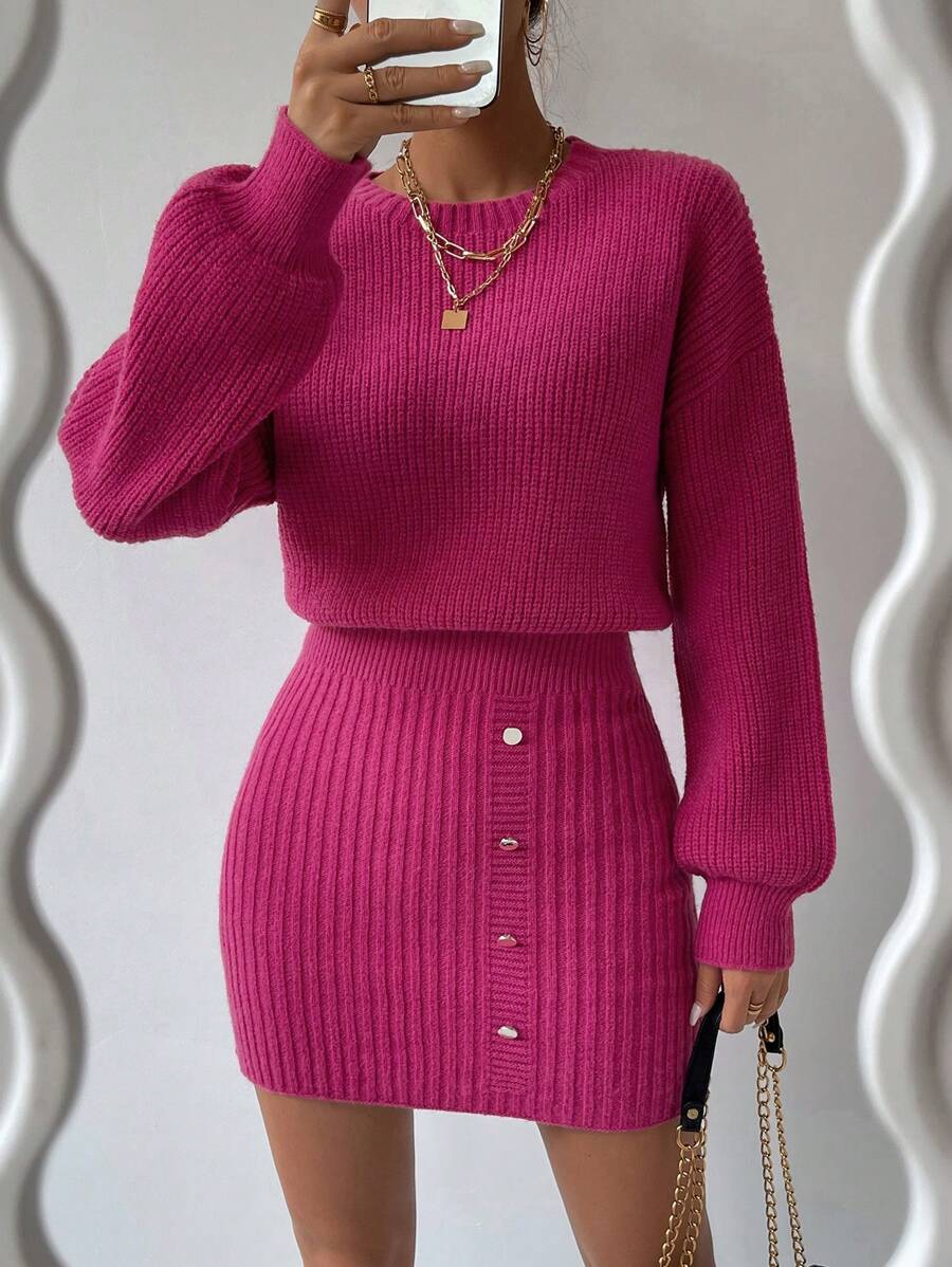 SHEIN LUNE Vestido de punto de hombros caídos tejido de canalé - Rosa Fucsia - Ver 1
