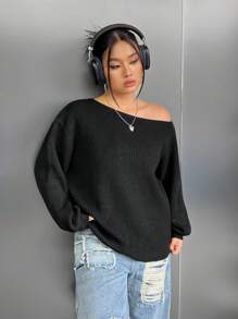 SHEIN EZwear Hơn Cổ không đối xứng Thả vai Áo len - màu đen - Xem 4