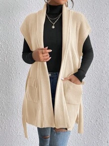 SHEIN Essnce 1入組青果領腰帶毛衣背心 - 米色 - 查看 4