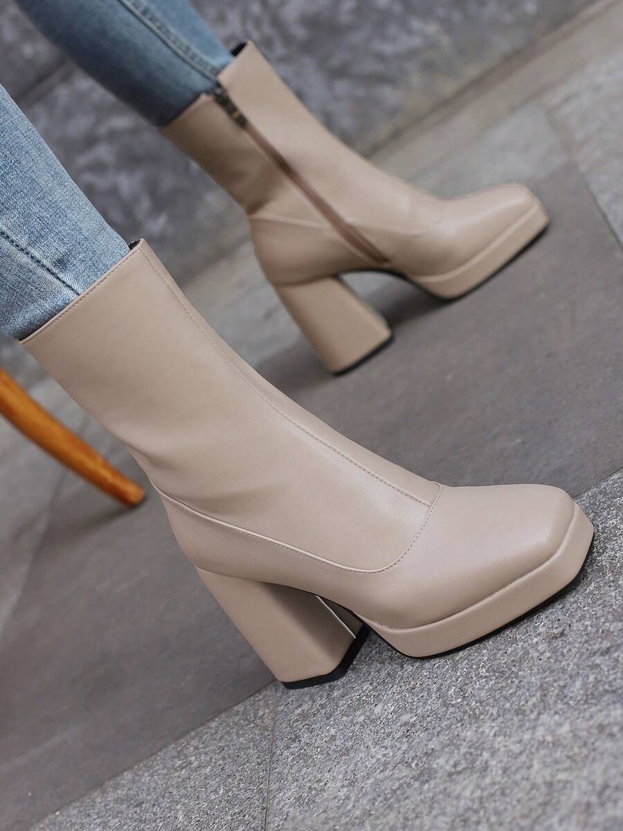 卡其色短靴帶防水台,PU皮革材料高跟鞋秋冬簡約風&多用途女性鞋 - 卡其色 - 查看 1