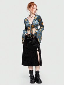 ROMWE Hippie 抽繩褶邊高衩絲絨半身裙 - 黑色 - 查看 3
