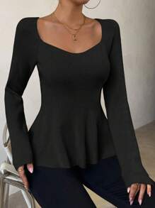 Chiquease Sweetheart Neck Raglan Sleeve Peplum Hem Sweater - Black - View 7