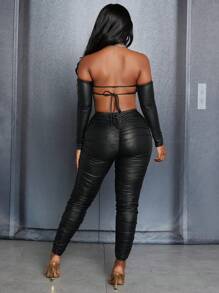 Slaydiva Women's Sexy Backless Strap Off Shoulder Long Sleeve Top And Skinny Pants, Black Pu Coated 2pcs Outfit - Black - View 1