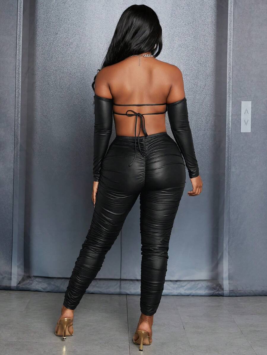 Slaydiva Women's Sexy Backless Strap Off Shoulder Long Sleeve Top And Skinny Pants, Black Pu Coated 2pcs Outfit - Black - View 1