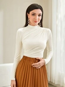 Modelyn Cổ giả Viền mặt trước Đồ đan Ribbed Áo thun - trắng - Xem 4