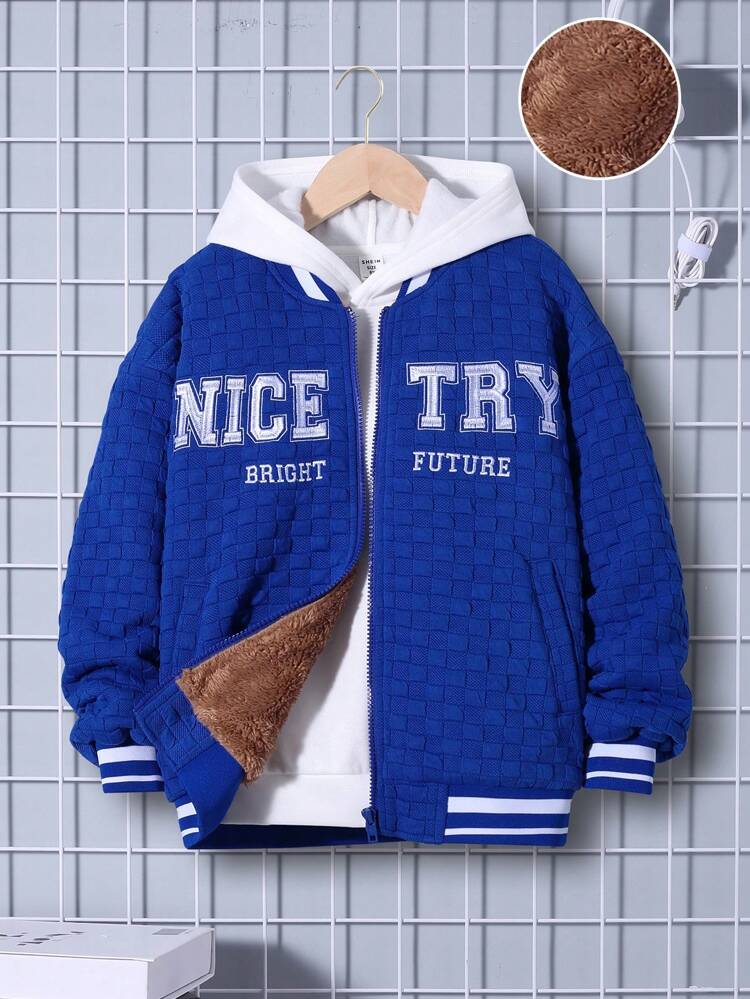 Tween Boy Letter Graphic Striped Trim Drop Shoulder Thermal Lined Bomber Jacket Without Hoodie