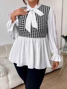 SHEIN Privé Hơn In Houndstooth tay áo lá sen Cà vạt Áo Peplum - Đen và trắng - Xem 4