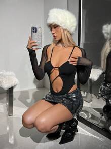 SHEIN ICON Cut Out Front Mesh Sleeve Bodysuit - Black - View 5