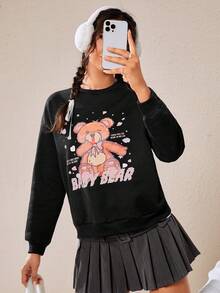 SHEIN EZwear 熊和標語圖案落肩袖運動衫 - 黑色 - 查看 4