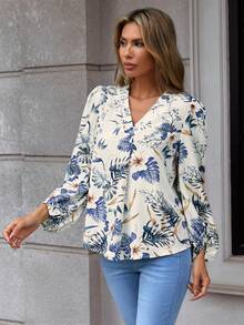 SHEIN LUNE Bản in nhiệt đới Tay áo lồng đèn Áo sơ mi - Nhiều màu - Xem 2