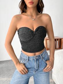 SHEIN EZwear 前扭結短款抹胸上衣 - 黑色 - 查看 1