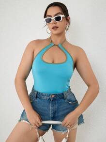 INAWLY Plus Contrast Binding Cut Out Tie Backless Halter Top