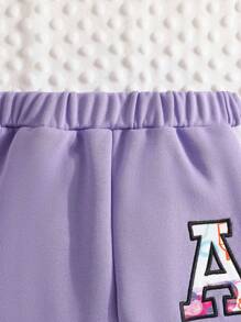 女小童卡通圖案條紋飾邊學院風夾克和運動褲 - 紫色 - 查看 6