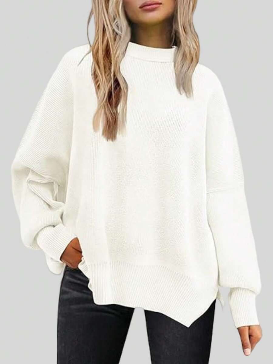 Solid Drop Shoulder Sweater,Long Sleeve Tops Casual White - White - View 1