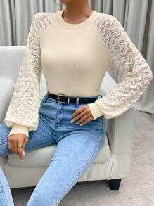Chiquease Contrast Raglan Sleeve Pointelle Knit Pullover Fall Winter Sweater - Apricot - View 1