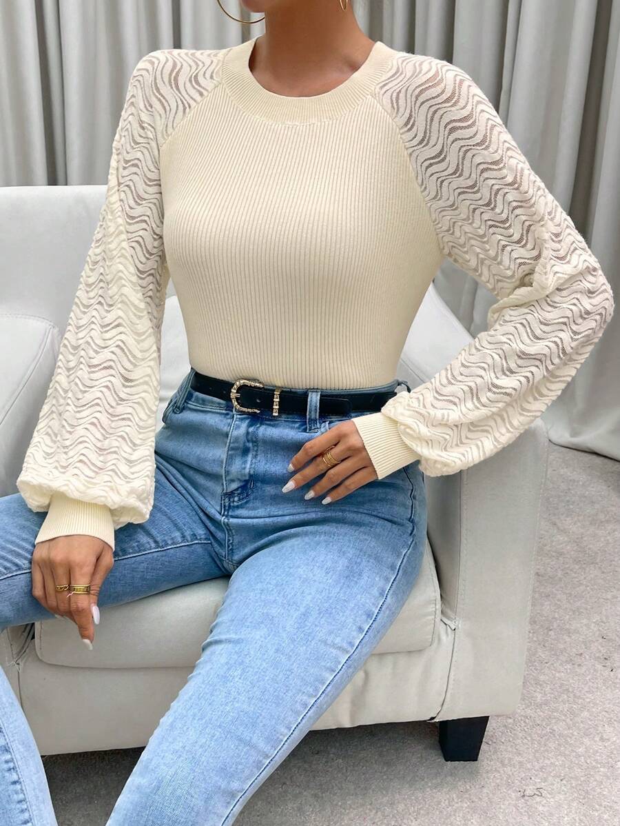 Chiquease Contrast Raglan Sleeve Pointelle Knit Pullover Fall Winter Sweater - Apricot - View 1