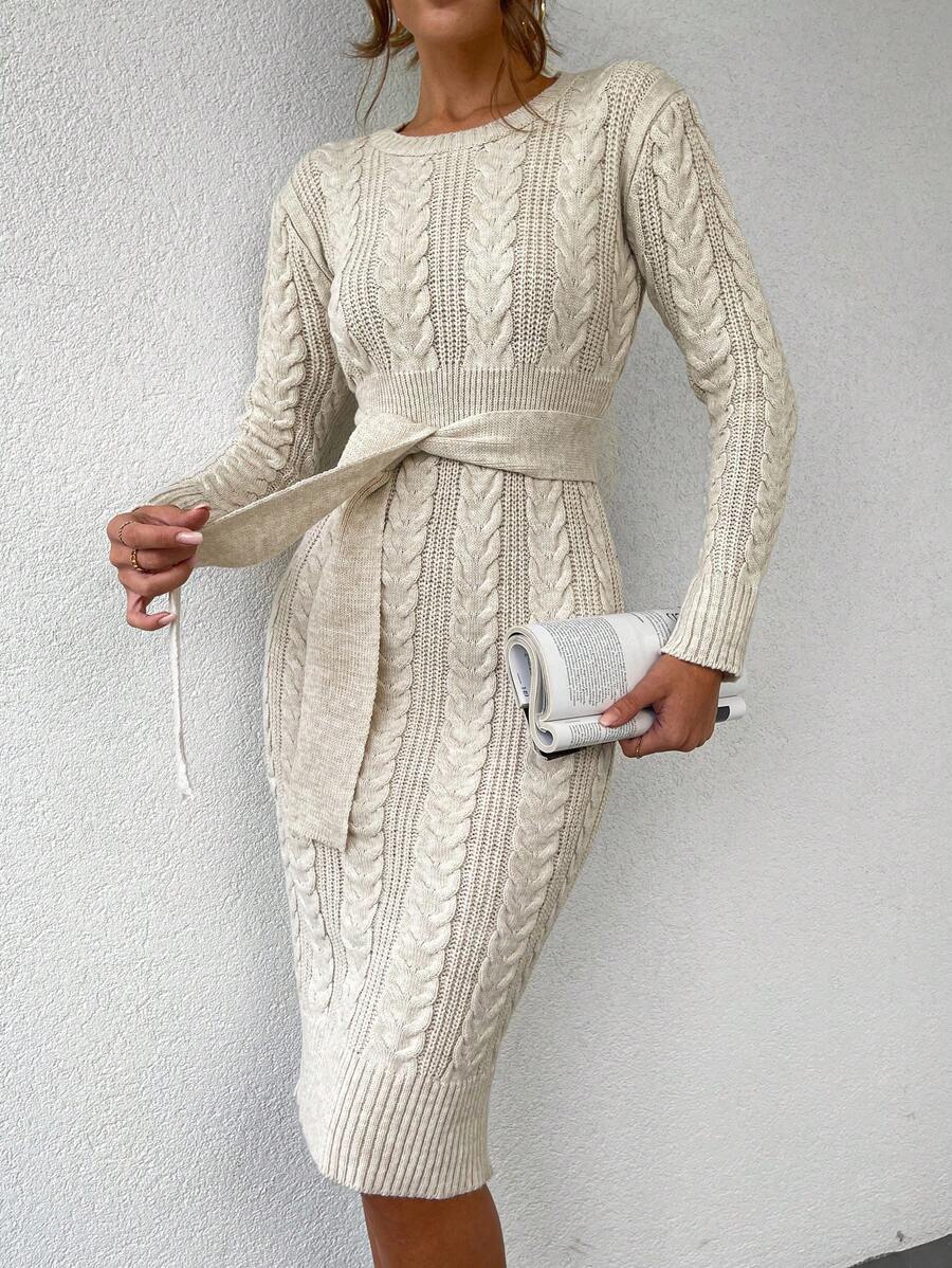 EURMUSE Cable Knit Belted Sweater Dress - Beige - View 1