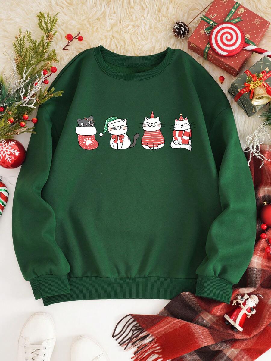INAWLY Cartoon Graphic Thermal Lined Sweatshirt - Dark Green - View 1