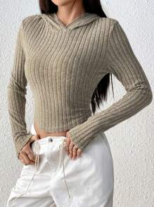 SHEIN EZwear Solid Ribbed Knit Crop Hooded Tee - Coffee Brown - View 4