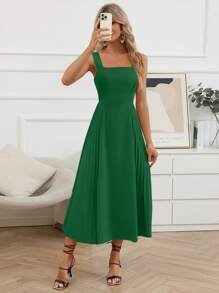 SHEIN Privé Vestido de tirantes unicolor bajo fruncido - Verde - Ver 7