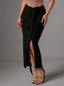 SHEIN BAE Falda unicolor ribete con fruncido de muslo con abertura - Negro - Ver 4