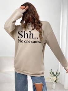 SHEIN EZwear 字母圖案落肩袖運動衫 - 杏色 - 查看 3