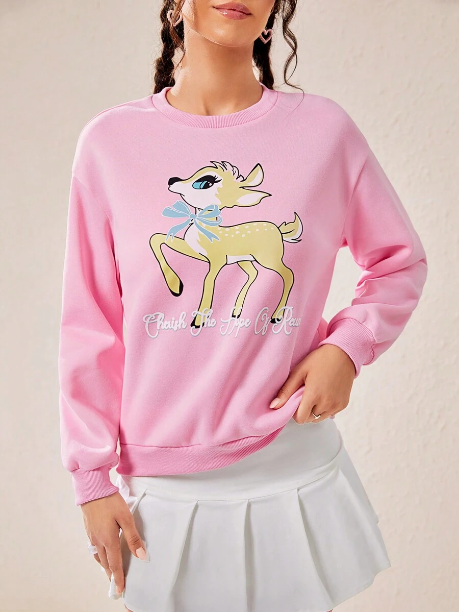 SHEIN EZwear 小鹿&字母圖案落肩袖運動衫 - 粉色 - 查看 1