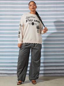 SHEIN SXY Plus Letter Graphic Drop Shoulder Distressed Trim Sweater - White - View 4