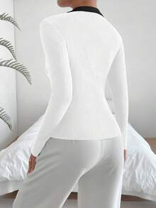 SHEIN Privé 拼接邊前紐扣條紋針織套頭毛衣 - 白色 - 查看 2
