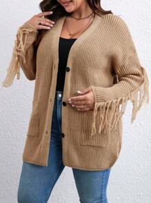 SHEIN LUNE Plus Fringe Trim Drop Shoulder Pocket Patched Cardigan - Khaki - View 6