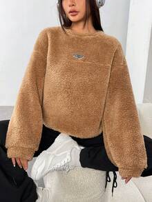 SHEIN EZwear Letter Patched Drop Shoulder Sweatshirt - Camel - View 2