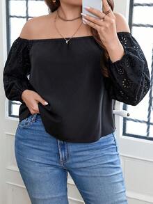 Celure Plus Off Shoulder Eyelet Embroidery Lantern Sleeve Blouse - Black - View 6
