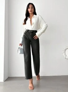 RueChic High Waist Straight Leg Jeans - Black - View 4