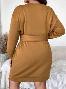 Calvaya 大碼落肩袖前繫帶衛衣洋裝 - 卡其色 - 查看 3