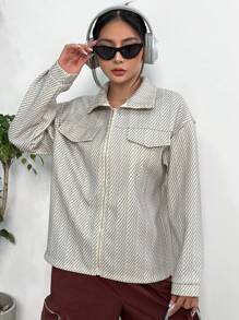 SHEIN Unity Thả vai Chi tiết về Flap Dây kéo Áo khoác - Cà phê nâu - Xem 1