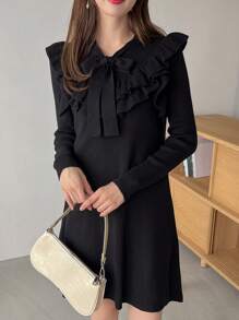 FRIFUL Chất rắn Viền Ruffle Tie Trước Đầm Áo len - màu đen - Xem 1