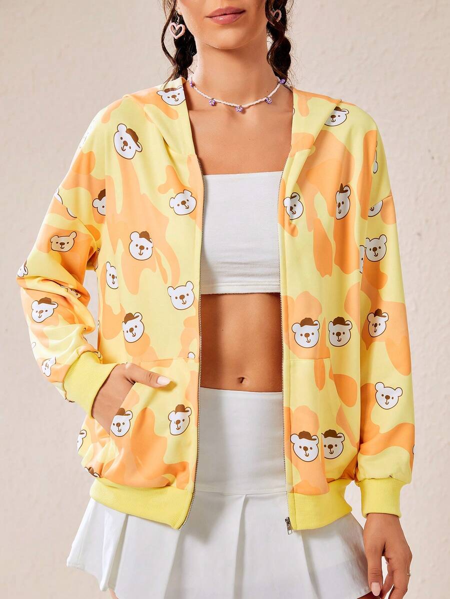 SHEIN EZwear 小熊圖案落肩袖拉鏈連帽衫 - 卡其色 - 查看 1