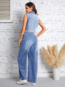 SHEIN LUNE Cutout Waist Flap Pocket Button Front Denim Jumpsuit - Medium Wash - View 2