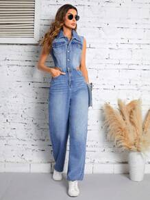 SHEIN LUNE Cutout Waist Flap Pocket Button Front Denim Jumpsuit - Medium Wash - View 3