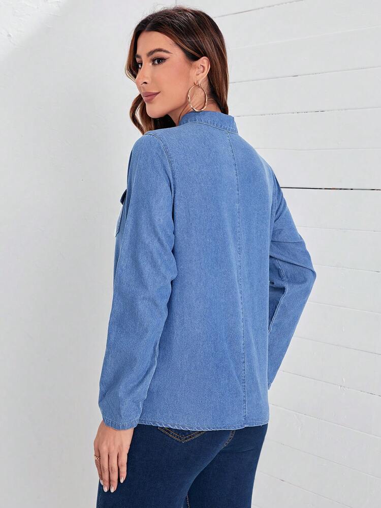 Flap Pocket Zipper Front Denim Top