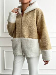 SHEIN Cottnline Two Tone Hooded Teddy Coat - Apricot - View 4