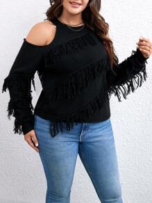 SHEIN LUNE Plus Cold Shoulder Fringe Trim Sweater Knit Pullover Fall Winter Sweater - Black - View 6