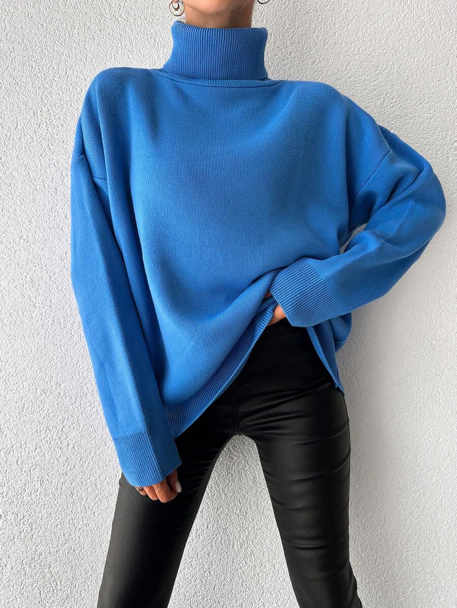 EURMUSE 女士纯色高领落肩长袖休闲宽松毛衣，秋冬款