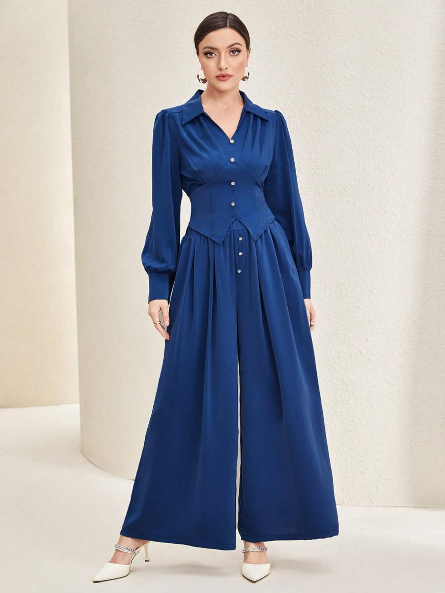 Modelyn 素色前紐扣襯衫&闊腿褲 - 寶藍色 - 查看 1