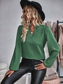 SHEIN LUNE Notched Neckline Lantern Sleeve Blouse - Army Green - View 6