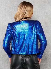 SHEIN BAE Open Front Crop Sequin Jacket - Royal Blue - View 2